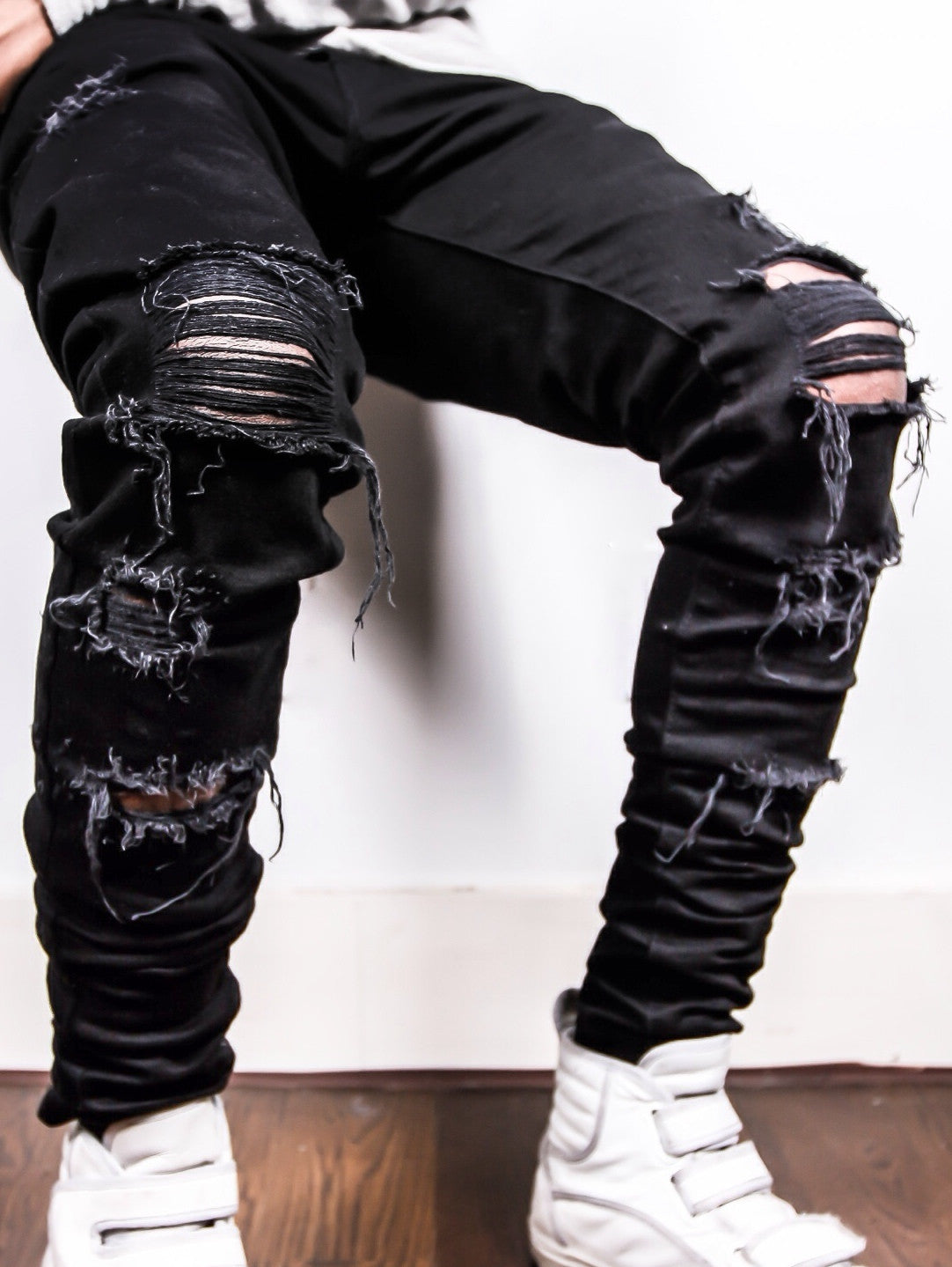 Black Distressed Denim Jeans Destroyed Cotton Stretch Rips